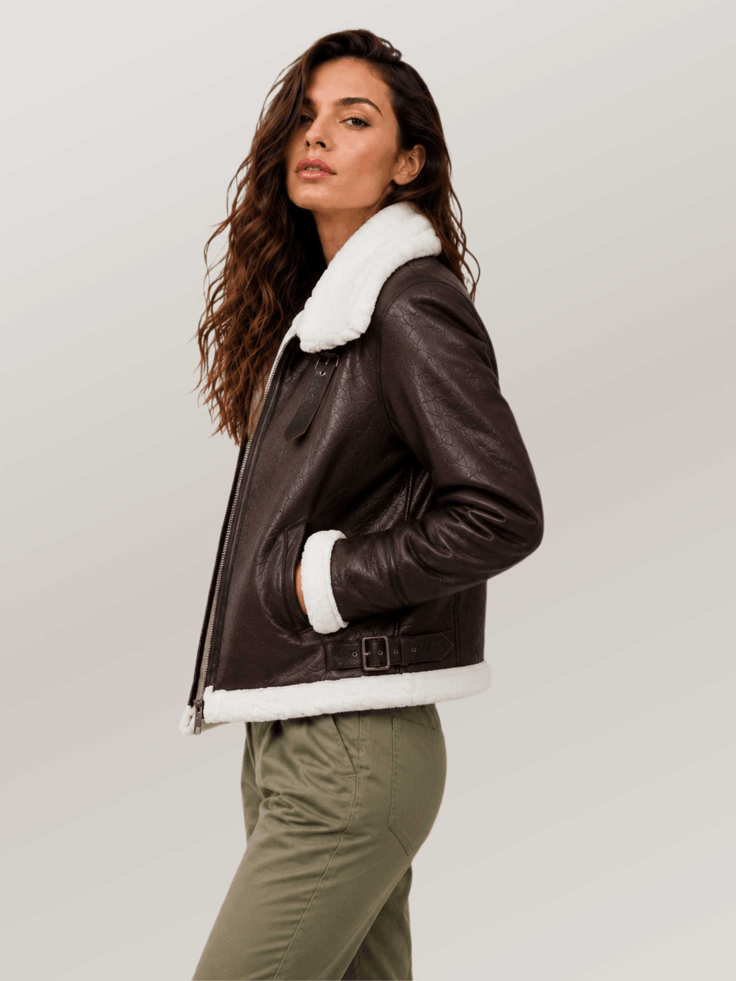 Women's Brown B-3 Bomber Leather Jacket - Image 3